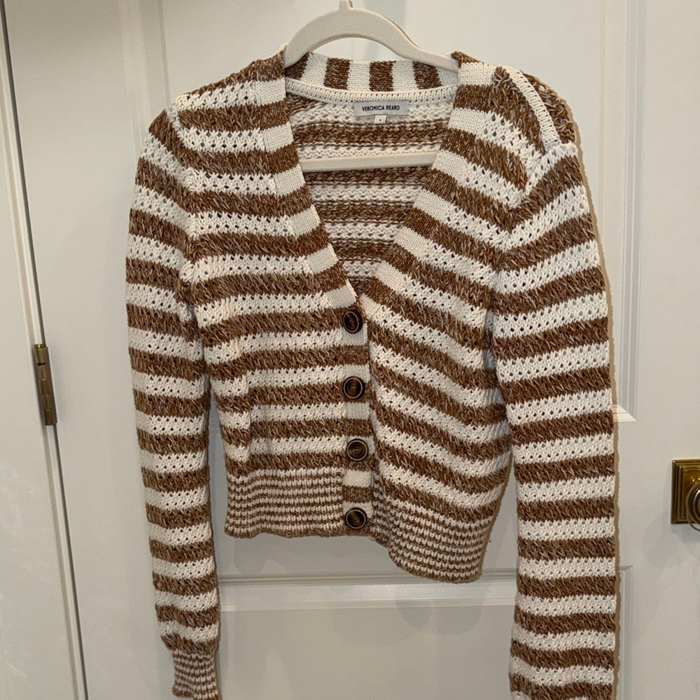Veronica Beard Striped Brown and White Cardigan